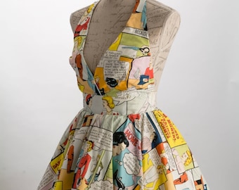 Rockabilly dress, Alexander Henry print halter dress, pin up swing dress, comic dress, party dress,