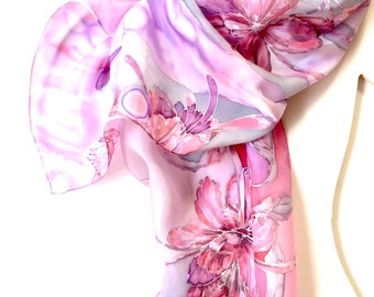 Silk scarf, hand painted, flowers, purple, violet color, for the next spring, gift idea, woman fashion, long violet silk scarf, floral