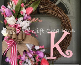 BEST SELLER Made to Order Tulips Grapevine Wreath/Front Door Wreath/Monogram Wreath/Spring Door Hanger/Year Round/Burlap Decor/Summer Wreath