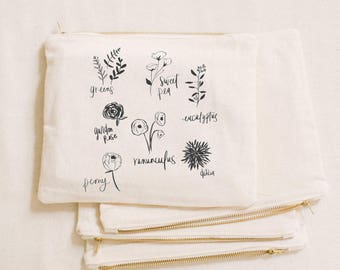Makeup Bag - Flower Types, Handmade in USA, 100% Organic Cotton, Shop Small, Pencil Case, Bridesmaid Gift, Wedding Favor