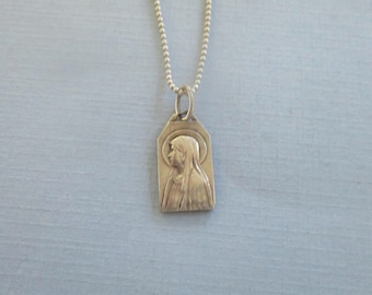 Antique Silver Our Lady of Lourdes Religious Medal - French Religious Medal - Virgin Mary Necklace - Religious Jewelry - Catholic Gifts