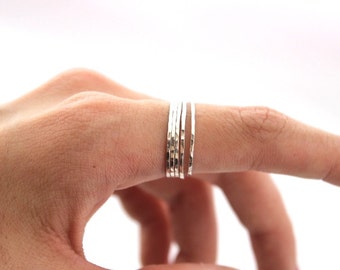 Set of 5 Hammered Micro Skinny Rings, Skinny Sterling Silver Stacking Rings