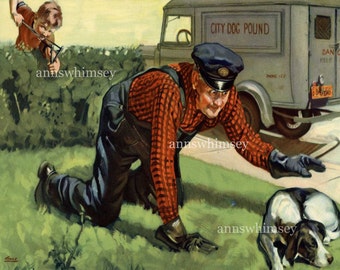 Boy Saves Dog from Dog Catcher! - Great Print For Little Boy's Room - Great Gift for Animal Control Officer #120