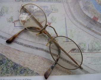 Vintage Oval Gold Rimmed Metal Eye Glasses with Tortoiseshell
