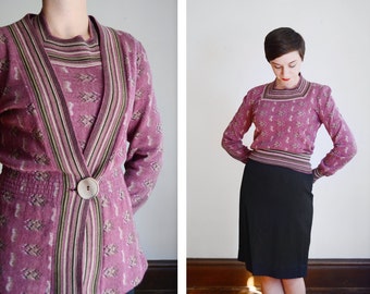 1970s Purple Sweater Set / Abstract Floral Cardigan - M