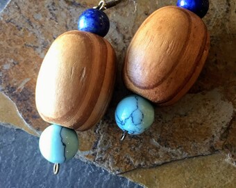 Large Wooden Beaded Earrings with Lapis