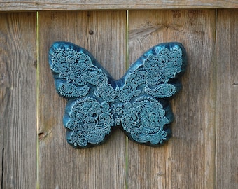 Blue Butterfly Gift for Her, Stone Art Wall Sculpture, Paisley Butterfly Art Concrete Ornament, Butterfly Garden Art