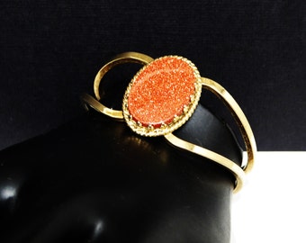 Goldstone Hinged Cuff Bracelet - Hinged Bangle Bracelet - Oval Goldstone - Mid Century Modern 1950's Vintage Jewelry