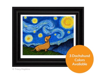 Dachshund "Starry Baroo" Art Print (UNframed) - 3 Dachshund colors to choose from - Wiener Dog - Doxie
