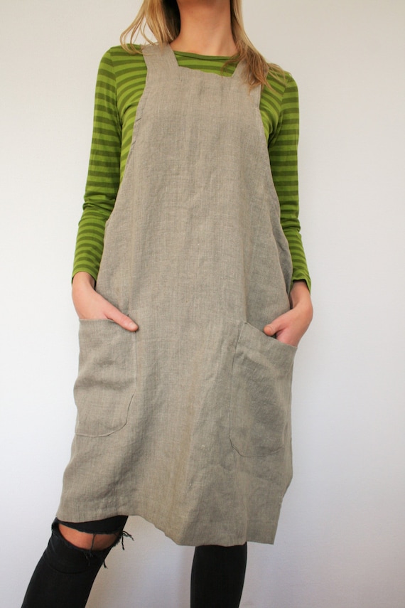 Linen Japanese apron / Work apron dress / natural linen dress