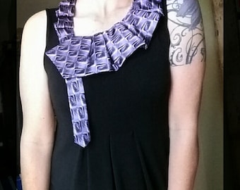 Purple necktie scarf, ruffle necktie necklace, women's necktie necklace, ascot scarflette, upcycled jewelry, necktie scarf, tie necklace