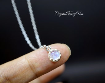 Sterling Silver Tiny Rainbow Moonstone Necklace , Moonstone Jewelry Moonstone Pendant Yoga Crystal Healing Necklace