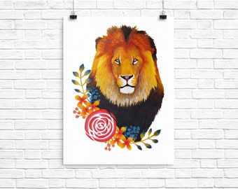 A Lion with floral border Watercolour A4 print