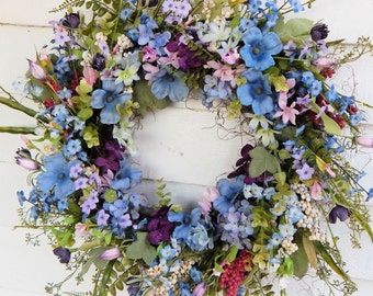 Spring Wreath, Primitive Country Cottage Wreath,Flower Wreath, Centerpiece,Front Door Wreath,Plum& Blue Wreath,Flower Wreath-Choice of Sizes