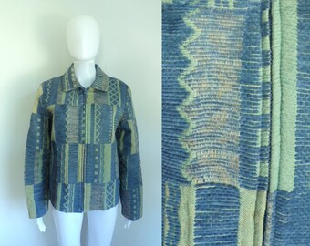 90s southwestern tapestry jacket woven textured southwestern tapestry coat zip up tribal jacket womens jacket large blue green pink