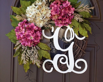 Summer Wreath Front Door- Monogrammed Hydrangea Wreath -Grapevine Wreath with Burlap - Front Door Wreath with Initial - Housewarming Gift