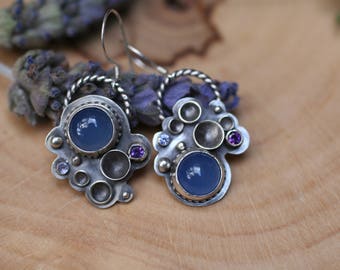 Bue chalcedony, amethyst and tanzanite earrings, sterling silver earrings