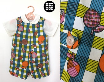 CHILD SIZE - Epic Vintage 60s Mod Blue Psychedelic Plaid & Apple Pattern Overalls Shortalls Romper Set