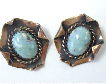 Vintage Copper Turquoise Clip Earrings
