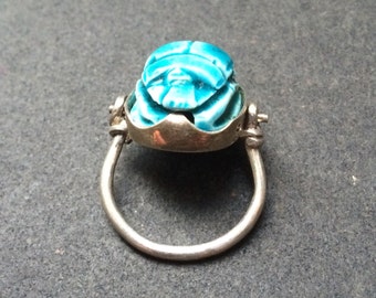 Stone scarab beetle hinged silver ring