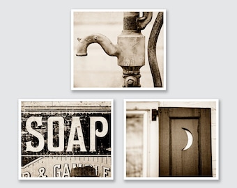 Vintage Sepia Bathroom Wall Decor, Sepia Bathroom Prints or Canvas Set, Sepia Bath Set, Rustic Bathroom Decor Set of 3 Prints.