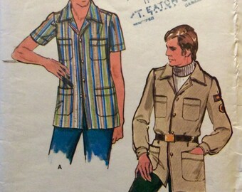 Vintage Sewing Pattern 1970s Mens Topstitched Leisure Shirt Size 44 Convertible Collar Patch Pockets
