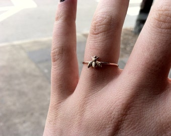 Tiny Little Bumblebee 14k Gold Fill Stacking Ring - Brass on Yellow or Rose Gold - custom made to order