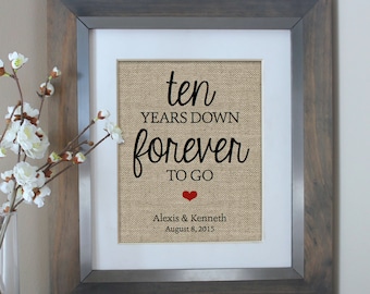 Ten Years Down Burlap Print, 10 Year Anniversary Gift, Gift for Husband, Gift for Her, 10th Anniversary Gift, Wedding Anniversary, 10 Year