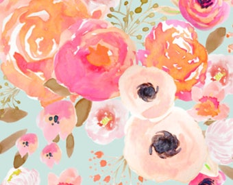 Blush Floral Fabric by the Yard - Baby Girl Nursery Pink Roses Mint Blooms Flowers, Floral Cotton Fabric by the Yard 6126338