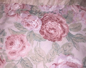 Vintage Springmaid Full Double Flat Sheet & 2 Pillowcases Pink Floral Lace USA
