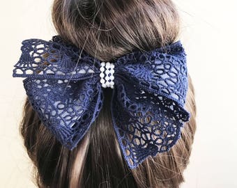Navy lace hair bows for girls crochet lace hair bows fabric hair bows for women bun ponytail bows