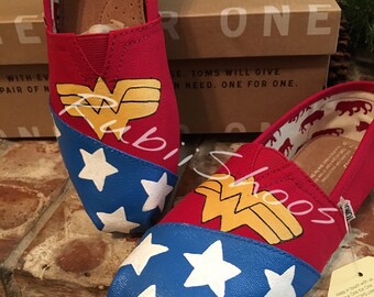Wonder Woman Toms- Red Shoes- Super hero - Slip Ons- Stars- Red Toms- Justice League- Gift- Girl Power-