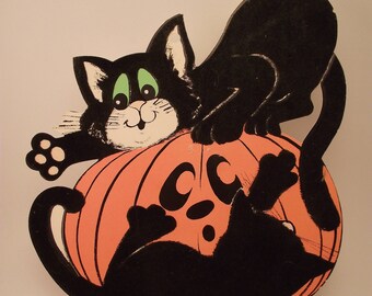 Vintage Halloween Felt Flocked Die Cut 2 Black Cats and Jack O Lantern Party Decoration