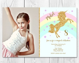 Unicorn Rainbow Printable Invitation with/without Picture 4x6 or 5x7
