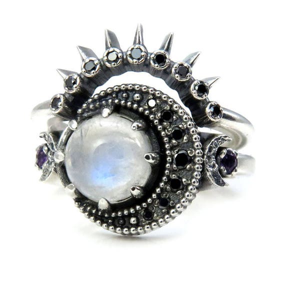 Moonstone Moon Engagement Ring with Black Diamond Sunray Wedding Band - Sterling Silver with Black Diamonds and Amethyst