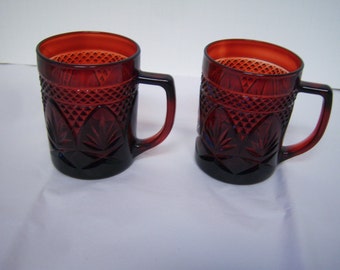 Vintage Cris D'Arques Durand, Ruby Red Arcoroc Luminarc, Two Mugs, Press Cut Glass, Total Of Four Mugs