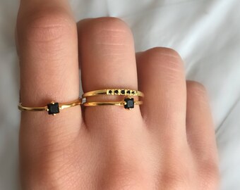 Black Stone Ring. Dainty Gold Ring. Black Cz Ring. Stackable Ring. Minimalist Ring