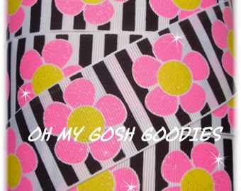 PETAL PUSHERS PINK Glitter Flowers Grosgrain Ribbon 7/8",1.5" - 5 Yards - Oh My Gosh Goodies Ribbon