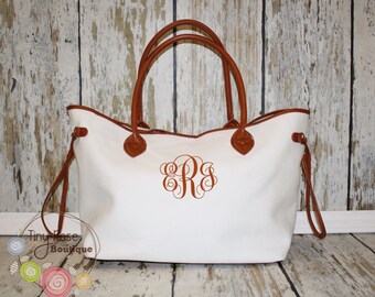 Cream Canvas Tote -Personalized Tote - Large Shopper- Monogrammed Purse