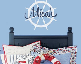 Nautical Nursery Wall Decal - Sailboat Ship Wheel Personalized Name Wall Decal - Baby Boy Nursery Decal - Boys Room Vinyl Wall Art BN003