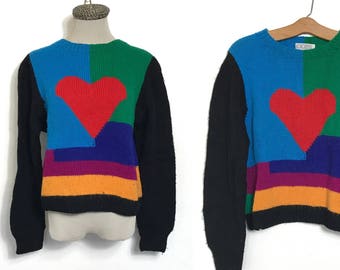 Vintage 80's Sweater Colorblock Sweater 80's New Wave Sweater Wool Sweater Slouchy Sweater Medium Heart Geometric Colorful Red Blue Green O
