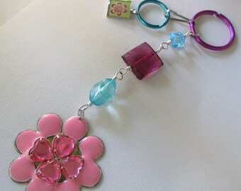 Key Chain pink flower power, purple & turquoise with detchable split ring