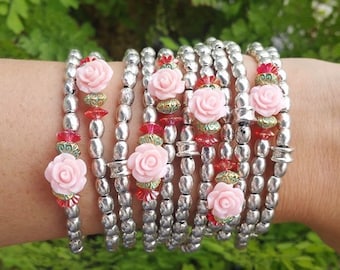 Silver metal beads - silver jewelry - silver bracelets - rose jewelry - stretch bracelets - pink jewelry - beaded bracelets - autumn garden