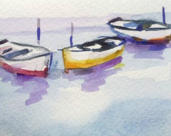 original watercolor painting ACEO boats 2.5x3.5 inches