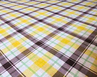 1960s Plaid Fabric - 4 Yards x 44 Inches Wide - 60s Cotton Blend Broadcloth - Yellow Brown Lime Green White Yardage - Wamsutta - 47760
