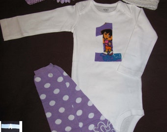 1st Birthday outfit for baby girl - DORA or BOOTS inspired set including bodysuit, crochet hat and headband, leg warmers