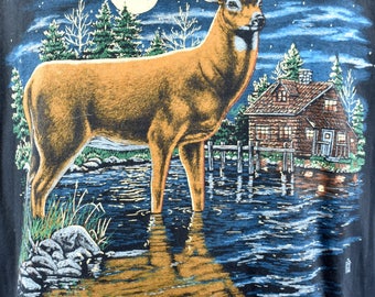 Moonlit Deer on a Lake T-Shirt, Size Large, Made in the USA
