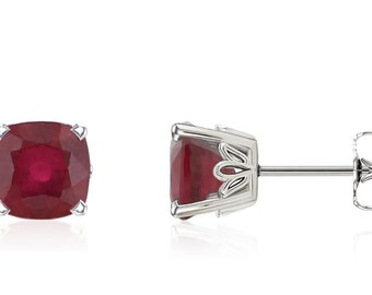 14K White Gold Cushion-Cut Ruby Earrings - Genuine Red Ruby Gemstone Studs - 3.0ct - 6x6mm - July Birthstone - Gift for Her