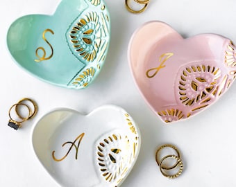Gold Monogrammed Jewelry Dish, Heart Ceramic Ring Dish - Valentine's Day, Ring Holder, Anniversary, Engagement Gift, Modern Mud