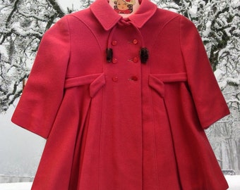 Vintage Child's Swing Coat 1950's Winter Coat Coral Red 50's Vintage Coat Girl's Winter Jacket Pleats and Details